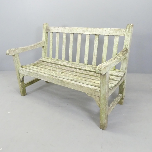 2660 - LISTER - A weathered teak slatted garden bench. Overall 121x85x68cm. With maker's label.