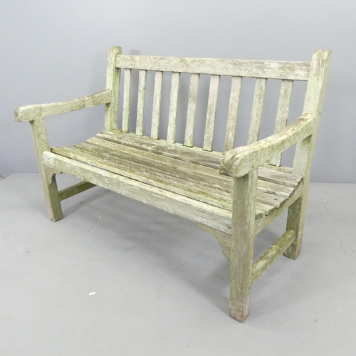 2661 - LISTER - A weathered teak slatted garden bench. Overall 121x85x68cm. With maker's label.