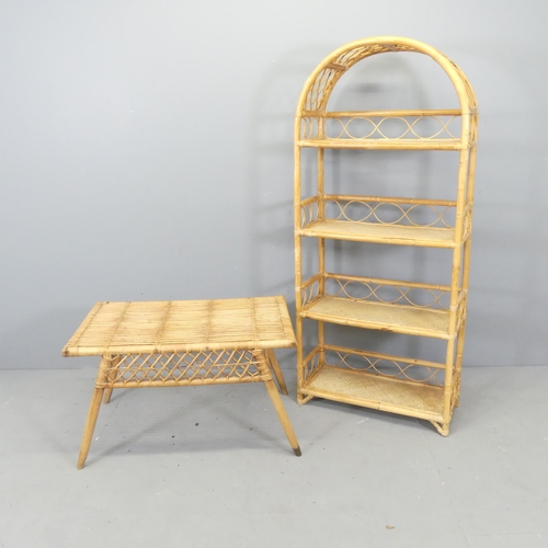 2672 - A 4-tier bamboo and wicker shelving unit, 61x140x26cm and a similar coffee table.