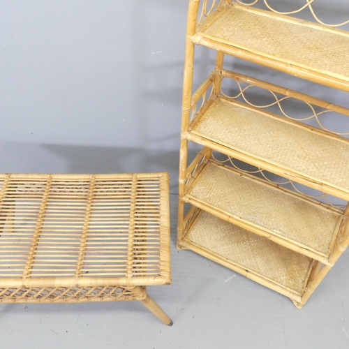 2672 - A 4-tier bamboo and wicker shelving unit, 61x140x26cm and a similar coffee table.