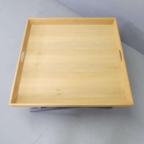 2680 - A modern pine square tray-top low  coffee table on folding base. 90x38cm.