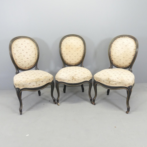 2683 - Three similar 19th century ebonised and upholstered balloon back chairs.