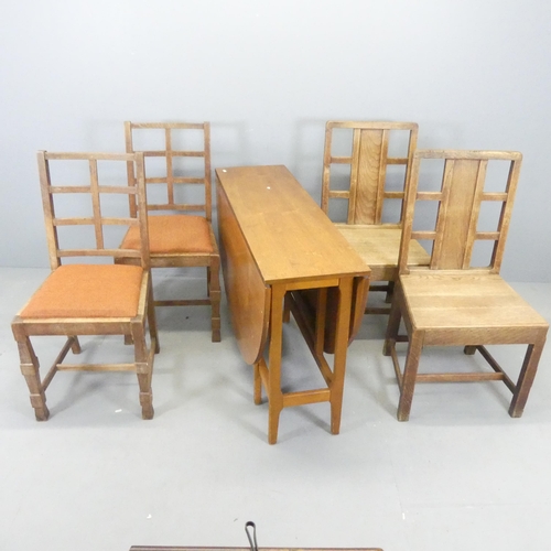 2684 - A pair of Arts and Crafts oak hall chairs with panel and lattice back in the manner of Heals, a pair... 