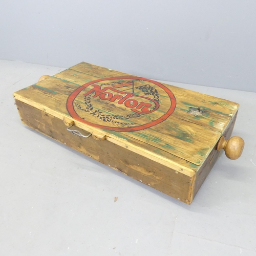 2688 - A painted pine toolbox, with Norton British Machines design. 108x20x50cm.