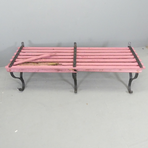 2691 - An antique painted teak slatted garden bench on folding wrought iron frame. 153x86x62cm. Slats A/F.