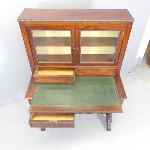 2694 - A 19th century rosewood two-section writing table, with raised cupboard back and four drawers. 90x13... 