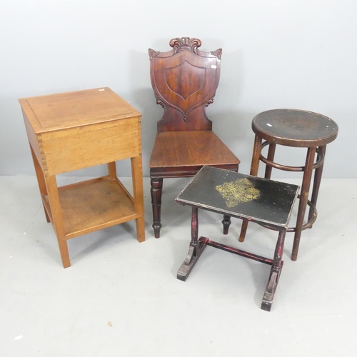 2701 - A Victorian mahogany shieldback hall chair, a Thonet style bentwood stool, a black laquered occasion... 