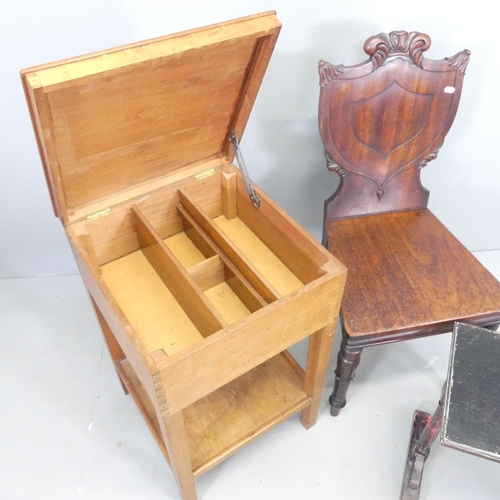 2701 - A Victorian mahogany shieldback hall chair, a Thonet style bentwood stool, a black laquered occasion... 