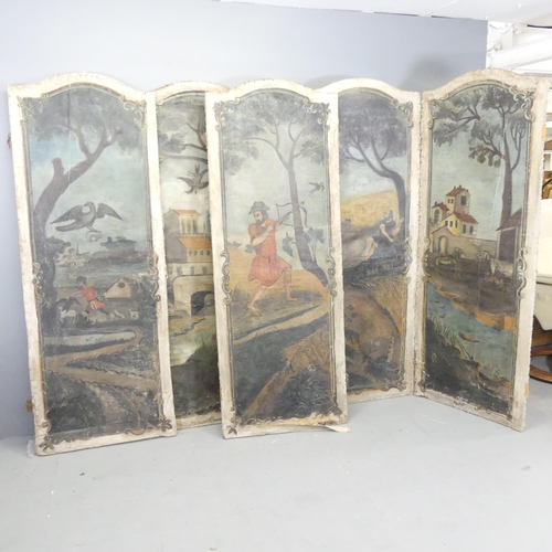 2703 - An antique painted five-fold arch top room divider screen. Each panel 64x174cm.