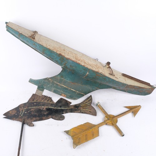 37 - 2 painted metal weather vanes, 1 in the form of a fish, L52cm, and the other in the form of an arrow... 