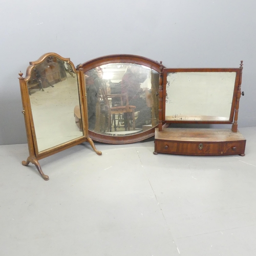 2732 - An oval mahogany framed wall mirror, 89x65cm, a 19th century box swing toilet mirror and a Queen Ann... 