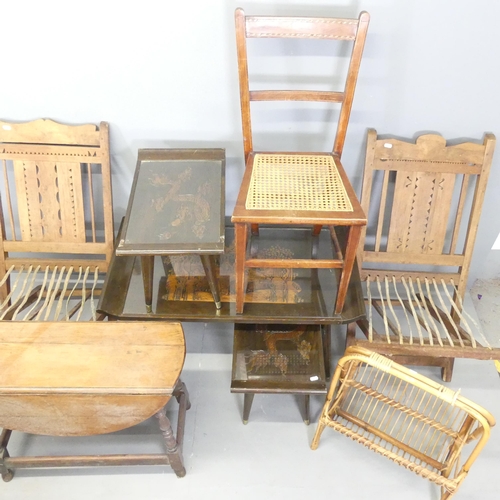 2730 - A bamboo magazine rack, a Chinese nest of three occasional tables, three various chairs and a small ... 