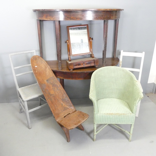 2733 - Two mahogany demi-lune tables, a Lloyd Loom chair, three other chairs and a box swing toilet mirror.... 