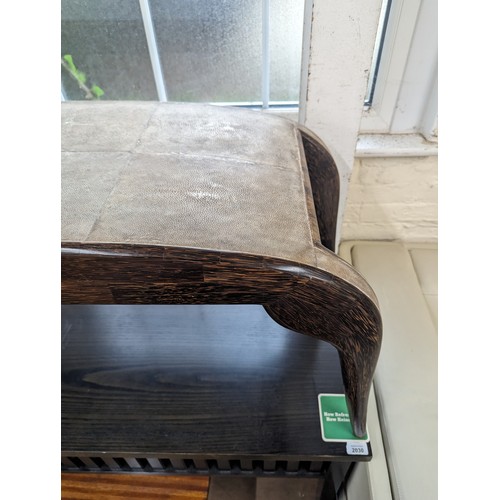 2028 - R & Y AUGOUSTI -  A French Art Deco style bench in shagreen and palmwood, with maker's metal plaque ... 