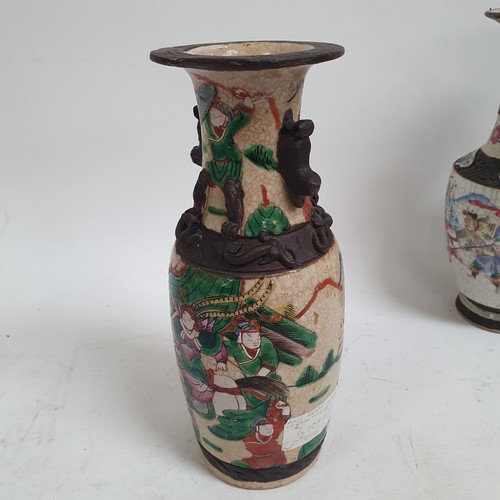 515 - A pair of Japanese crackle glaze vases, with warrior decoration, 24cm, and 2 other Satsuma vases