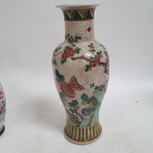 515 - A pair of Japanese crackle glaze vases, with warrior decoration, 24cm, and 2 other Satsuma vases