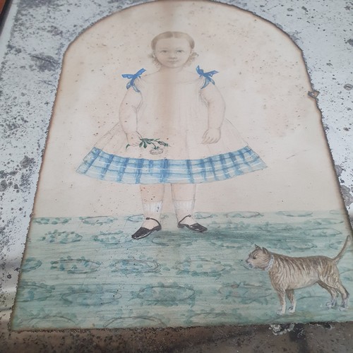 878 - An Antique hand drawn picture of a small girl with pet cat, mirrored glass surround, encased in a lo... 