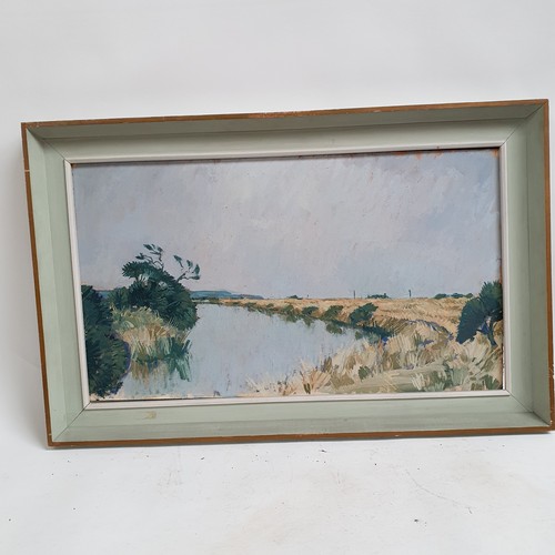 844 - J Dawkins, view of Romney Marsh, oil on board, circa 1960s, signed verso, 40cm x 70cm