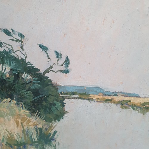 844 - J Dawkins, view of Romney Marsh, oil on board, circa 1960s, signed verso, 40cm x 70cm