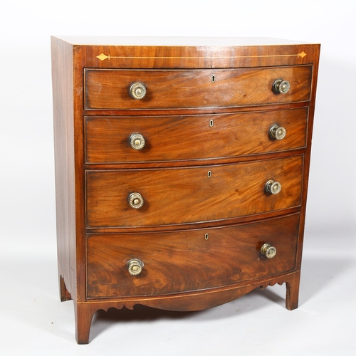 253 - Regency mahogany bow-front chest of 4 long graduated drawers, with brass handles, width 93.5cm, dept... 