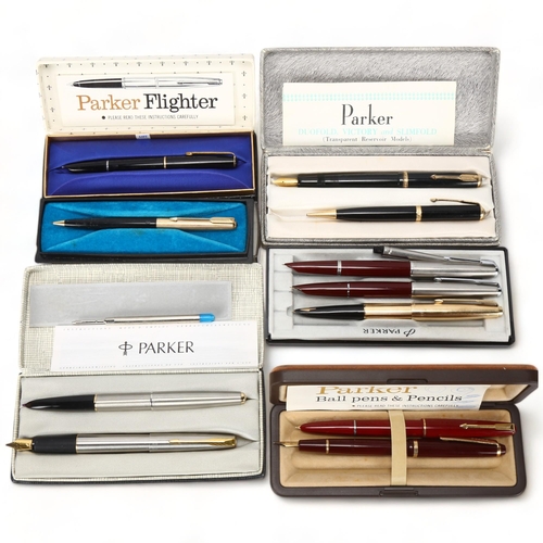 111 - A group of Parker vintage fountain pens and pencils, Duofold, Flighter etc many with gold nibs and a... 