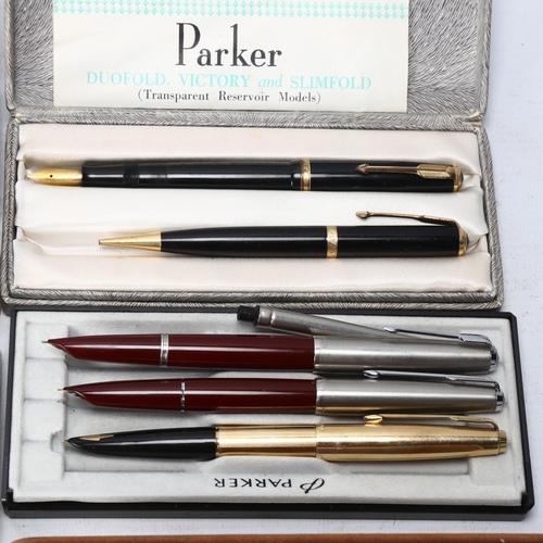 111 - A group of Parker vintage fountain pens and pencils, Duofold, Flighter etc many with gold nibs and a... 