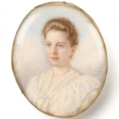 131 - Eveline Corbould-Ellis, miniature portrait of a woman, watercolour on ivory, signed and dated 1901, ... 