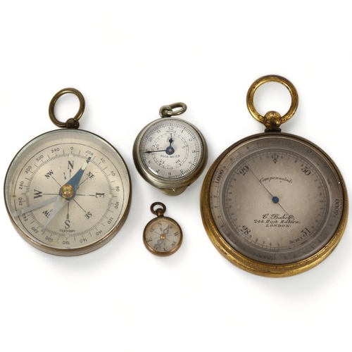 132 - 19th century pocket barometer by C Baker of High Holborn London, gilt-brass case with silvered dial,... 