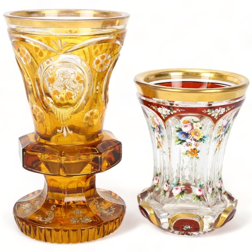 136 - A Bohemian amber overlay cut-glass vase, height 17cm, and a ruby overlay cut-glass vase with painted... 