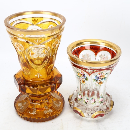 136 - A Bohemian amber overlay cut-glass vase, height 17cm, and a ruby overlay cut-glass vase with painted... 