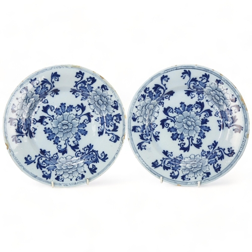 139 - Pair of Delft pottery plates with painted decoration, diameter 26.5cm