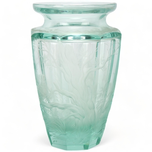 140 - Moser, pale green glass vase, heavily engraved body depicting pheasant in woodland, height 26cm