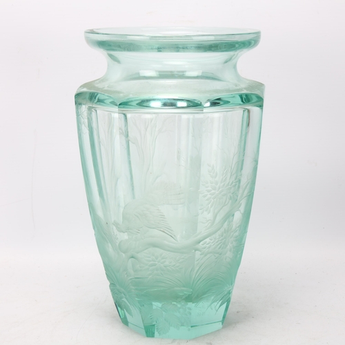 140 - Moser, pale green glass vase, heavily engraved body depicting pheasant in woodland, height 26cm