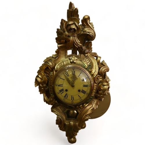 148 - 20th century German carved giltwood-cased cartel wall clock in Rococo style, 8-day striking movement... 