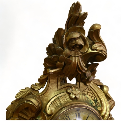 148 - 20th century German carved giltwood-cased cartel wall clock in Rococo style, 8-day striking movement... 