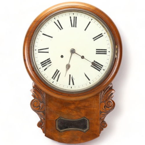 149 - 19th century 8-day drop-dial wall clock, carved walnut case with painted dial, height 54cm