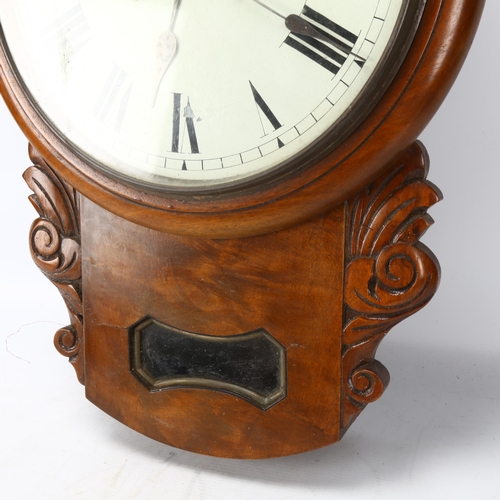 149 - 19th century 8-day drop-dial wall clock, carved walnut case with painted dial, height 54cm