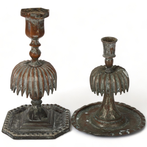 153 - 2 Antique Persian Qajar candlesticks, plated copper with fountain detail, tallest 21cm