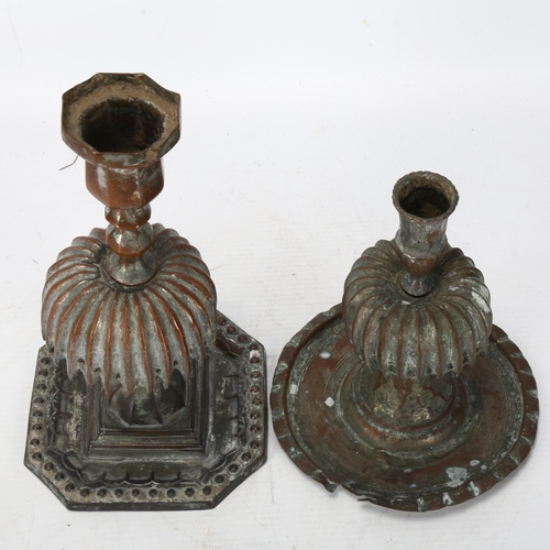 153 - 2 Antique Persian Qajar candlesticks, plated copper with fountain detail, tallest 21cm