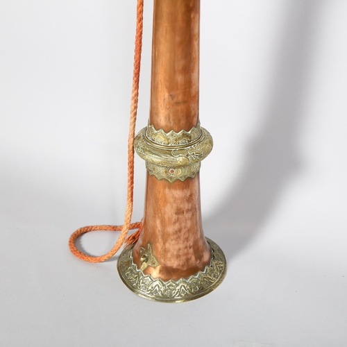 166 - A Tibetan temple horn, telescopic copper sections with brass mounts, extended length 140cm