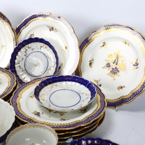 189 - A group of English blue and gilt porcelain, including 10 Spode side plates, diameter 20.5cm, 4 Worce... 