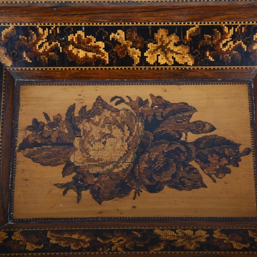 19 - A 19th century Tunbridge Ware rosewood rectangular dish, with floral central panel and banded rim, 2... 