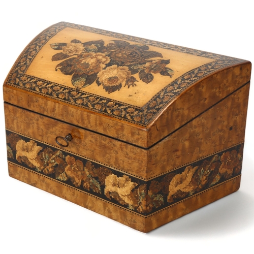 190 - Victorian Tunbridge Ware maple stationery box, with floral micro-mosaic curved lid, fitted interior,... 