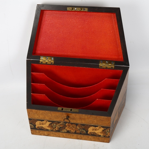 190 - Victorian Tunbridge Ware maple stationery box, with floral micro-mosaic curved lid, fitted interior,... 