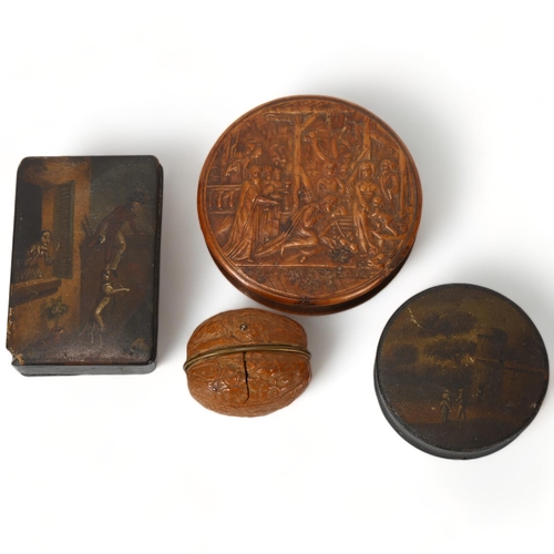 191 - 4 x 19th century treen boxes, including a pressed walnut circular box depicting the Adoration of the... 