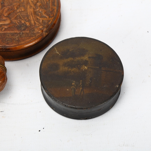 191 - 4 x 19th century treen boxes, including a pressed walnut circular box depicting the Adoration of the... 