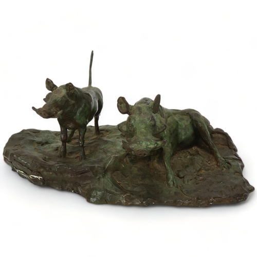 192 - Terry Matthews, 2 warthogs, verdigris patinated bronze, signed and dated 1975, width 30cm