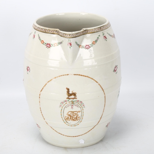 201 - A large Chinese export porcelain barrel-shaped jug, with cross over handles and gilded armorial cres... 