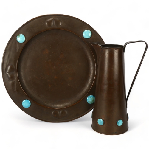 204 - An Arts and Crafts copper jug and tray, with Ruskin turquoise ceramic discs, maker's mark to base, t... 