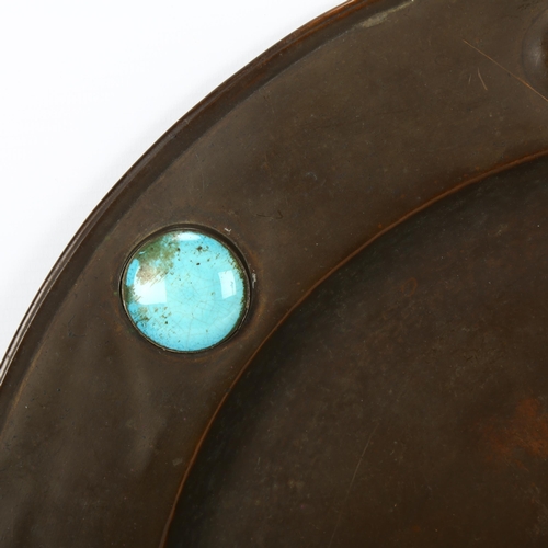 204 - An Arts and Crafts copper jug and tray, with Ruskin turquoise ceramic discs, maker's mark to base, t... 